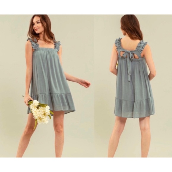 1 LEFT! Sage Tiered Ruffle Detail Lined Tie Back Dress - Picture 3 of 7
